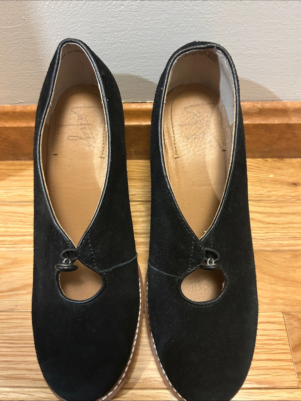 Latigo Black Suede Slip-On Heels with Decorative Ring Cutout